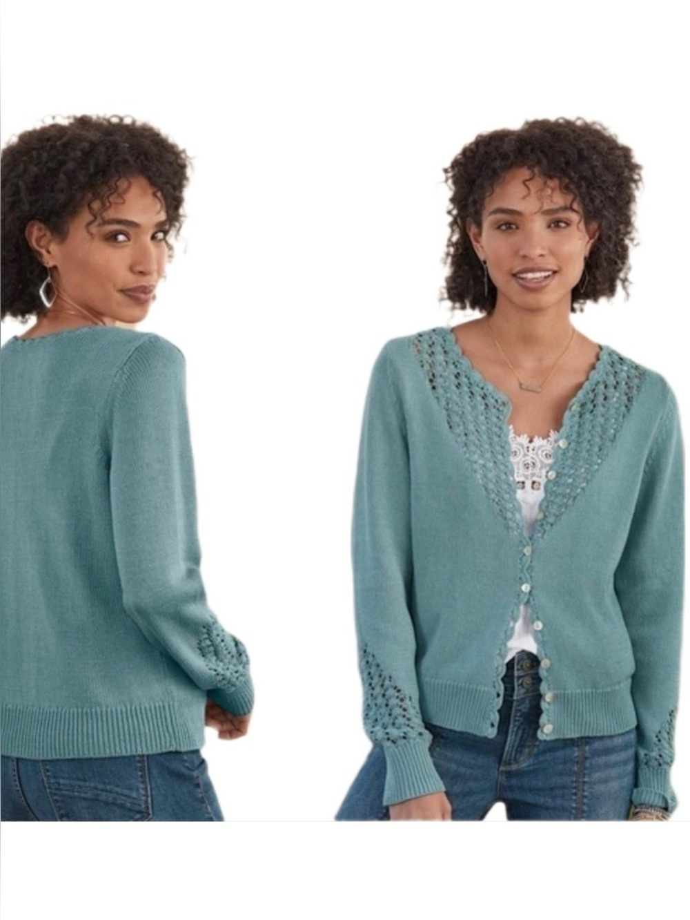 Sundance Dover Pointelle Knit Cardigan w Scalloped Trim Blue Green Cottagecore M